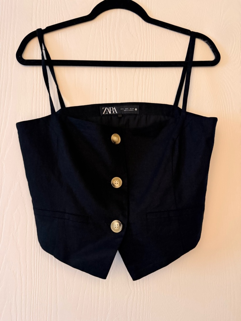ZARA Black Button-Front Spaghetti Strap Crop Top with Gold Buttons